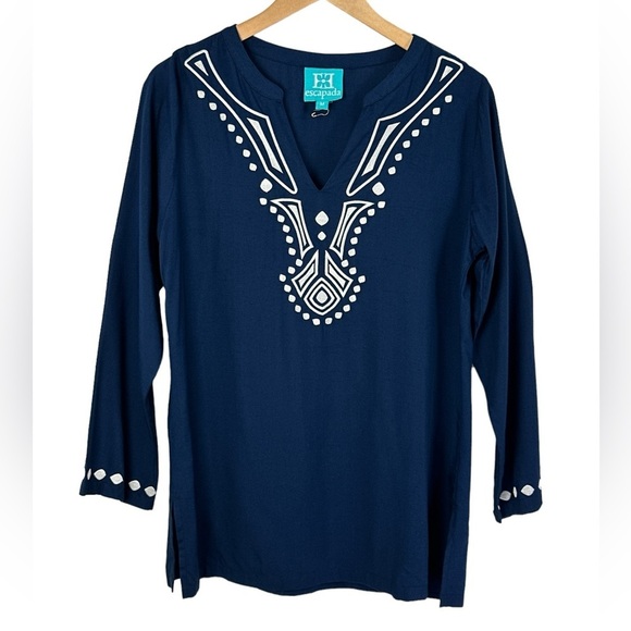 Escapada Split V-Neck Embroidered Long Sleeve Tunic - Picture 1 of 9
